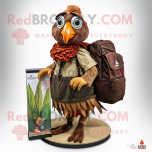 Brown Pheasant mascot costume character dressed with a Maxi Skirt and Backpacks