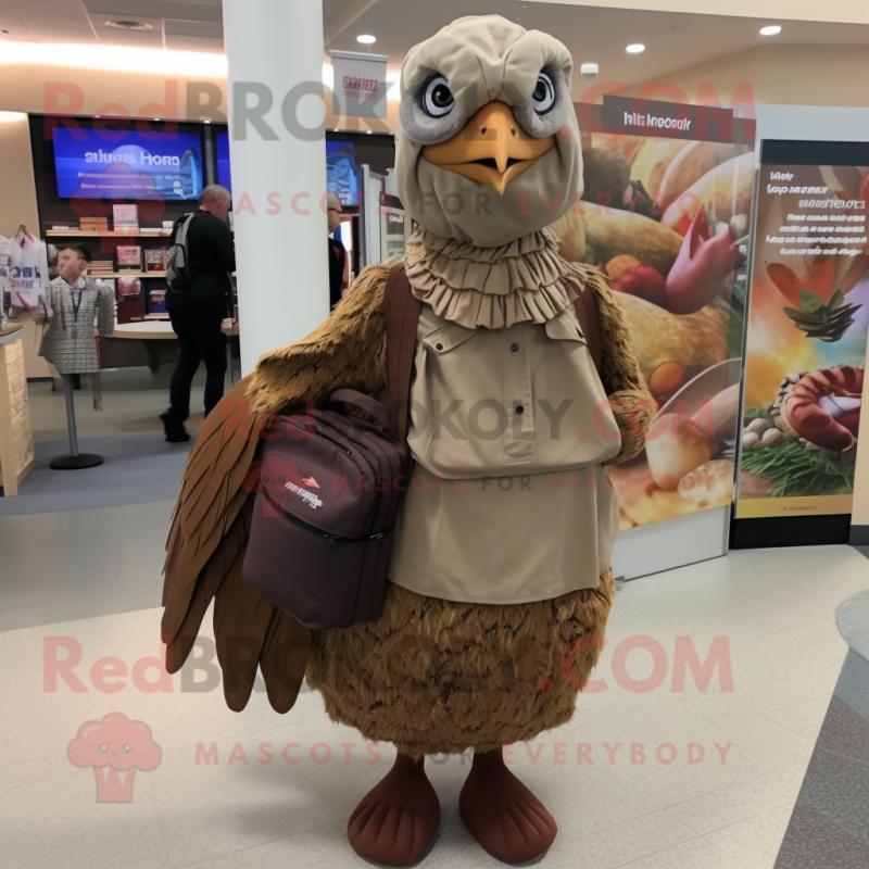 Brown Pheasant mascot costume character dressed with a Maxi Skirt and Backpacks