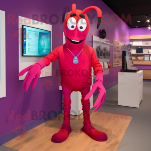 Magenta Lobster Bisque mascot costume character dressed with a Jeggings and Shoe clips