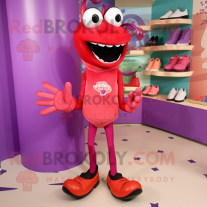 Magenta Lobster Bisque mascot costume character dressed with a Jeggings and Shoe clips