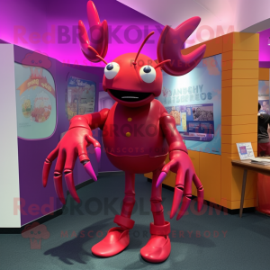 Magenta Lobster Bisque mascot costume character dressed with a Jeggings and Shoe clips