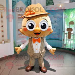 Tan Mandarin mascot costume character dressed with a Oxford Shirt and Bow ties