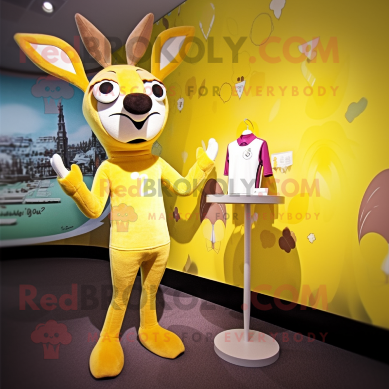 Yellow Gazelle mascot costume character dressed with a One-Piece Swimsuit and Gloves