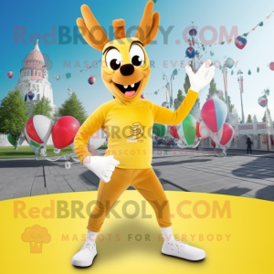 Yellow Gazelle mascot costume character dressed with a One-Piece Swimsuit and Gloves