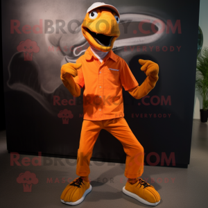 Orange Velociraptor mascot costume character dressed with a Chinos and Shoe laces