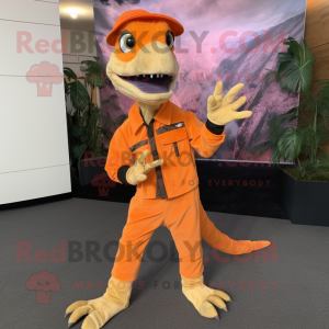Orange Velociraptor mascot costume character dressed with a Chinos and Shoe laces