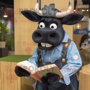 Black Beef Stroganoff mascot costume character dressed with a Denim Shirt and Reading glasses