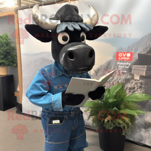 Black Beef Stroganoff mascot costume character dressed with a Denim Shirt and Reading glasses