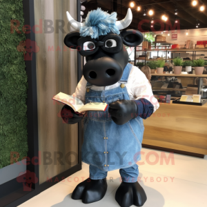 Black Beef Stroganoff mascot costume character dressed with a Denim Shirt and Reading glasses