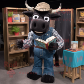 Black Beef Stroganoff mascot costume character dressed with a Denim Shirt and Reading glasses