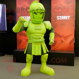 Lime Green Spartan Soldier mascot costume character dressed with a Jeggings and Shoe clips
