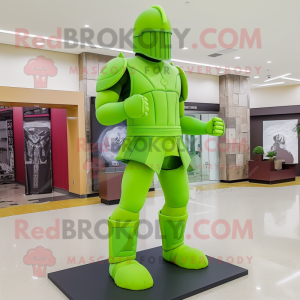 Lime Green Spartan Soldier mascot costume character dressed with a Jeggings and Shoe clips