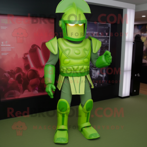 Lime Green Spartan Soldier mascot costume character dressed with a Jeggings and Shoe clips