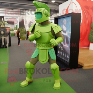 Lime Green Spartan Soldier mascot costume character dressed with a Jeggings and Shoe clips