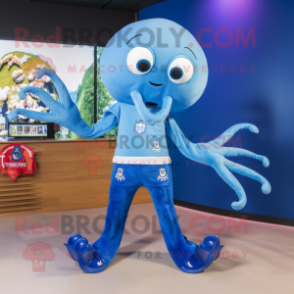 Blue Octopus mascot costume character dressed with a Polo Tee and Brooches