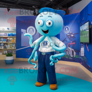 Blue Octopus mascot costume character dressed with a Polo Tee and Brooches