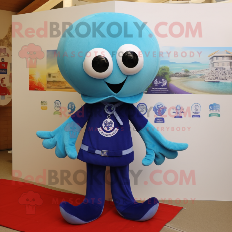 Blue Octopus mascot costume character dressed with a Polo Tee and Brooches