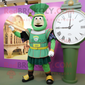 Green Swiss Guard mascot costume character dressed with a Midi Dress and Digital watches