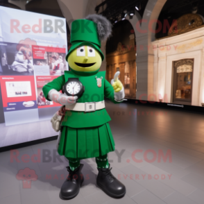 Green Swiss Guard mascot costume character dressed with a Midi Dress and Digital watches