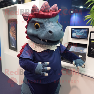 Navy Ankylosaurus mascot costume character dressed with a Cardigan and Headbands