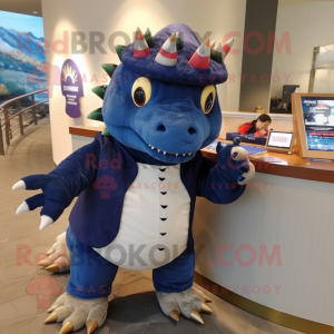 Navy Ankylosaurus mascot costume character dressed with a Cardigan and Headbands