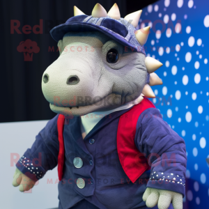 Navy Ankylosaurus mascot costume character dressed with a Cardigan and Headbands