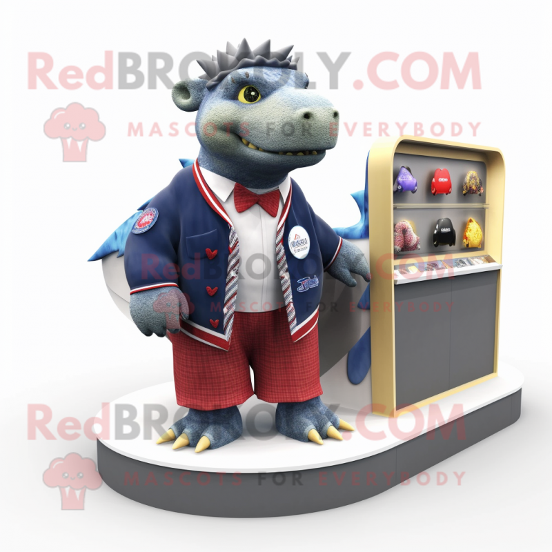 Navy Ankylosaurus mascot costume character dressed with a Cardigan and Headbands Navy Ankylosaurus mascot costume character dressed with a Cardigan and Headbands