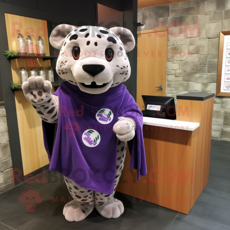 Lavender Jaguar mascot costume character dressed with a Wrap Skirt and Shawl pins Lavender Jaguar mascot costume character dressed with a Wrap Skirt and Shawl pins