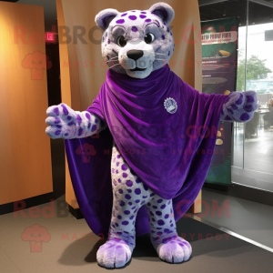 Lavender Jaguar mascot costume character dressed with a Wrap Skirt and Shawl pins