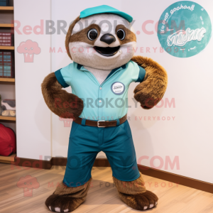 Teal Sloth mascot costume character dressed with a Oxford Shirt and Belts