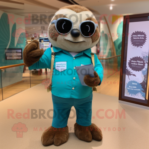 Teal Sloth mascot costume character dressed with a Oxford Shirt and Belts
