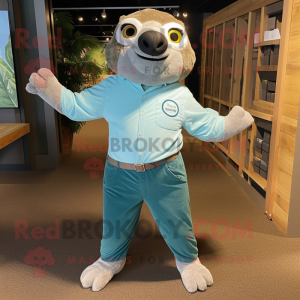 Teal Sloth mascot costume character dressed with a Oxford Shirt and Belts