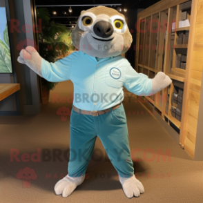 Teal Sloth mascot costume character dressed with a Oxford Shirt and Belts
