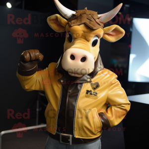 Gold Jersey Cow mascot costume character dressed with a Leather Jacket and Headbands