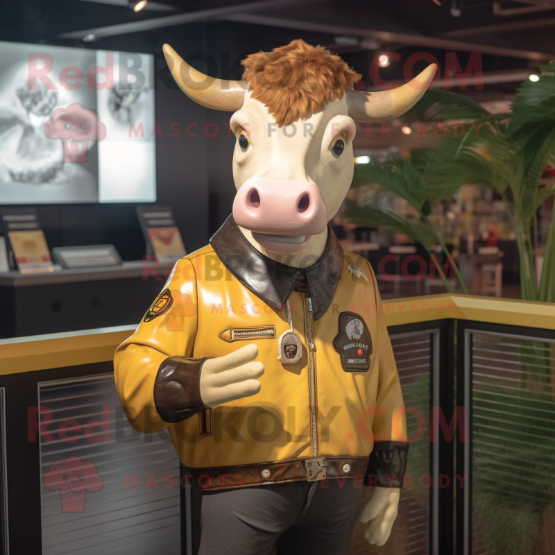 Gold Jersey Cow mascot costume character dressed with a Leather Jacket and Headbands Gold Jersey Cow mascot costume character dressed with a Leather Jacket and Headbands