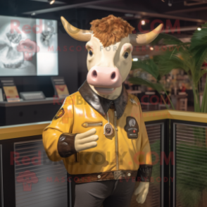 Gold Jersey Cow mascot costume character dressed with a Leather Jacket and Headbands