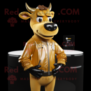 Gold Jersey Cow mascot costume character dressed with a Leather Jacket and Headbands