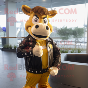 Gold Jersey Cow mascot costume character dressed with a Leather Jacket and Headbands