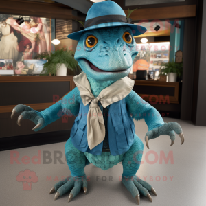 Turquoise Velociraptor mascot costume character dressed with a Skirt and Caps