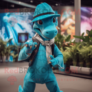 Turquoise Velociraptor mascot costume character dressed with a Skirt and Caps