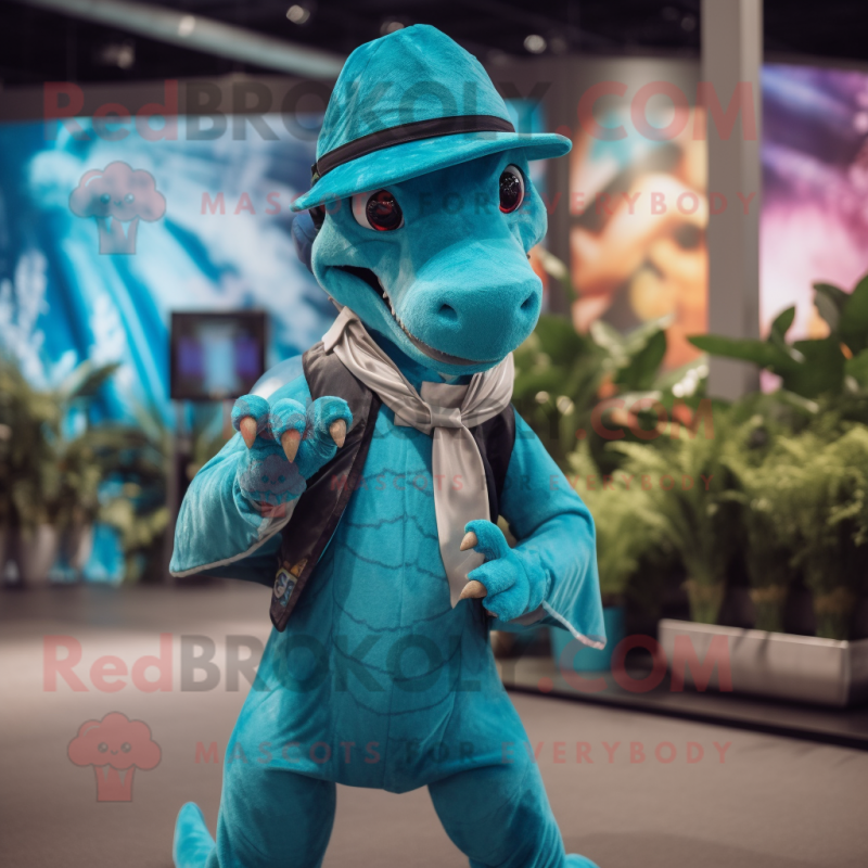 Turquoise Velociraptor mascot costume character dressed with a Skirt and Caps Turquoise Velociraptor mascot costume character dressed with a Skirt and Caps