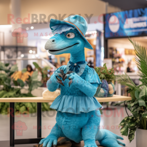 Turquoise Velociraptor mascot costume character dressed with a Skirt and Caps