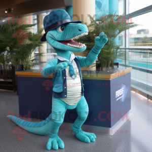 Turquoise Velociraptor mascot costume character dressed with a Skirt and Caps