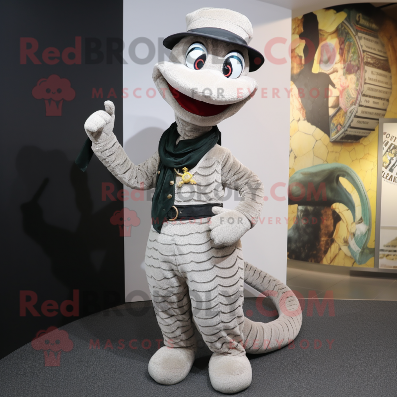 Silver Snake mascot costume character dressed with a Corduroy Pants and Brooches