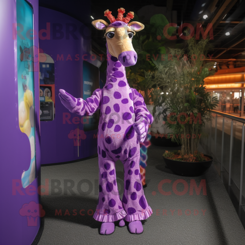 Purple Giraffe mascot costume character dressed with a Dress and Foot pads