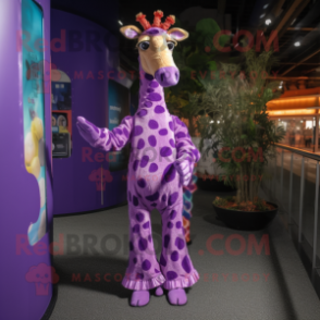 Purple Giraffe mascot costume character dressed with a Dress and Foot pads