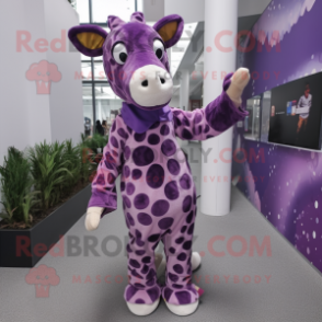 Purple Giraffe mascot costume character dressed with a Dress and Foot pads