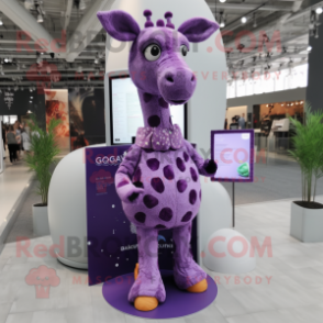 Purple Giraffe mascot costume character dressed with a Dress and Foot pads