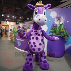 Purple Giraffe mascot costume character dressed with a Dress and Foot pads