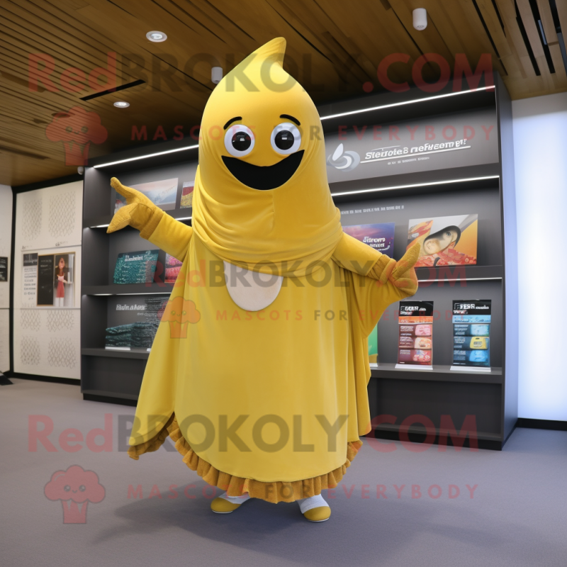 Gold Banana mascot costume character dressed with a Shift Dress and Shawls